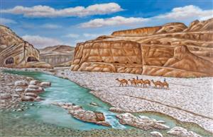 پوستر دیواری منظره کویر و کاروان شترها در کنار رودخانه برای دکوراسیون سنتی و رستوران