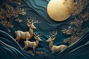 پوستر دیواری سه بعدی طرح برجسته گوزن‌های طلایی و ماه در جنگل رویایی برای پشت تخت خواب