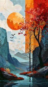 تصویر گرافیکی مدرن منظره کوهستان و رودخانه با ماه بزرگ نارنجی جهت چاپ پوستر و تابلو دکوراتیو