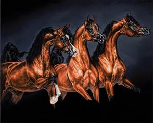 تابلو بوم طرح نقاشی سه اسب قهوه‌ای نجیب در زمینه مشکی مناسب دکوراسیون پذیرایی و اتاق خواب