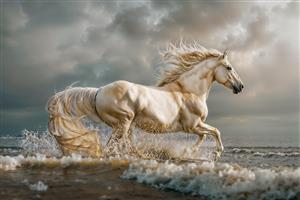 عکس اسب سفید در حال تاختن در ساحل دریا ویژه پوستر دیواری استخر، جکوزی و محیط‌های مرطوب