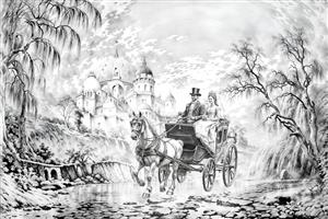 طرح سیاه و سفید کالسکه سلطنتی و قصر رویاها مناسب برای پوستر دیواری کلاسیک و رنگ‌آمیزی بزرگسالان