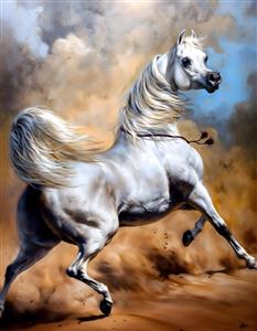 نقاشی هنری اسب سفید اصیل در صحرا با یال‌های بلند ایده آل برای پوستر دیواری لوکس و دکوراسیون لابی مجلل