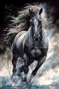 تصویر گرافیکی اسب سیاه قدرتمند میان مه و غبار مناسب پوستر دیواری اتاق خواب پسرانه و باشگاه سوارکاری