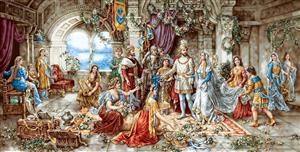 تابلو نقاشی حماسی از دربار پادشاه و شوالیه ها مناسب برای پوستر دیواری اتاق خواب بزرگسال و تم های قرون وسطایی