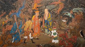 دیوارنگاره سنتی آسیای شرقی با تم اساطیری و مذهبی ویژه چاپ کاغذ دیواری اتاق کار و کتابخانه و جلد دفتر