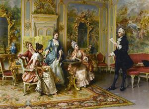 نقاشی کلاسیک اروپایی محفل اشرافی در عمارت لوکس مناسب پوستر دیواری پذیرایی و تالار تشریفات و چاپ تابلو دکوراتیو