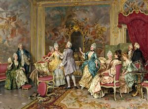 نقاشی کلاسیک از دورهمی بانوان در عمارت اشرافی ایده آل برای چاپ پارچه دیواری، رومیزی و پوستر دیواری اتاق مستر