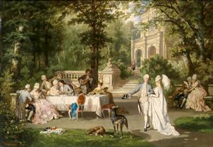 پوستر دیواری عریض طرح پیک‌نیک اشرافی در محوطه باغ عمارت قدیمی مناسب برای دکوراسیون رستوران‌های سنتی و کافه‌ها