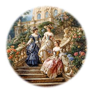 طرح دایره‌ای نقاشی زنان در باغ قصر ویژه چاپ بر روی بشقاب تزئینی، کوسن و پوستر دیواری اتاق خواب مستر