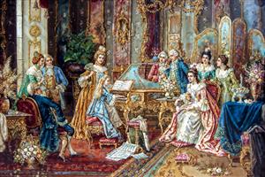 طرح باکیفیت کنسرت موسیقی در تالار سلطنتی قرن هجدهم ویژه چاپ روی بوم و کاغذ دیواری سه بعدی سالن پذیرایی بزرگ