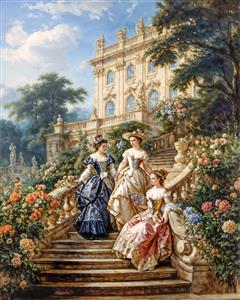 پوستر دیواری عمودی طرح بانوان اشرافی در عمارت کلاسیک مناسب برای لابی ویلا و دیوار پشت میز پذیرایی