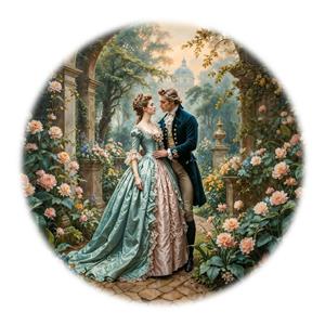 نقاشی کلاسیک اروپایی زوج عاشق در باغ گل ایده آل برای تابلو دکوراتیو اتاق خواب و پوستر دیواری پذیرایی هتل‌های مجلل