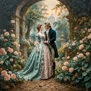 طرح رویایی ملاقات عاشقانه در باغ رز با طاق سنگی مناسب پوستر دیواری پشت تلویزیون و روتختی