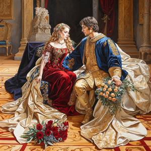 نقاشی عاشقانه پادشاه و ملکه با لباس‌های مجلل برای چاپ تابلو بوم دکوراتیو و پوستر دیواری اتاق خواب