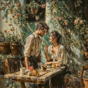 تصویر هنری کافه فضای باز با تم گل رز مناسب پوستر دیواری پشت میز پذیرش آرایشگاه زنانه و مزون