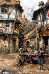 طرح نقاشی محله قدیمی اروپایی و کودکان در حال بازی جهت چاپ پوستر دیواری اتاق کودک و مهدکودک