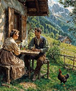 طرح عمودی نقاشی زوج روستایی در کوهستان آلپ جهت چاپ تابلوی دکوراتیو و پوستر دیواری اتاق خواب