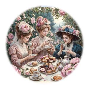 پوستر دیواری گرد با طرح مهمانی چای عصرانه بانوان اشرافی مناسب تزئین دیوار قنادی و کافه‌های لوکس