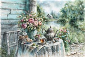 طرح آبرنگی میز چای در کنار پنجره رو به منظره طبیعت ویژه چاپ پرده، رومیزی و پوستر دیواری آرامش‌بخش