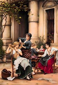 نقاشی سنتی زنان در حال آرایش مو در حیاط عمارت قدیمی جهت استفاده در آرایشگاه زنانه و قاب دکوراتیو