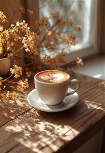 تصویر باکیفیت فنجان قهوه و گل‌های خشک روی چوب مناسب پوستر دیواری کافه، آشپزخانه و منوی رستوران