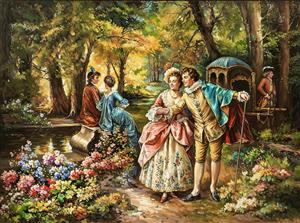 تابلوی دکوراتیو طرح مجلس اشرافی در باغ گل با سبک نقاشی رنگ روغن برای پذیرایی و سالن‌های بزرگ