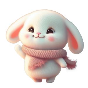 خرگوش سفید پشمالو با شال‌گردن صورتی طرح مینیمال برای چاپ روی دفترچه، لیوان و پوستر دیواری فانتزی