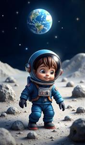 فضانورد کوچک روی سطح کره ماه با نمای زمین در پس‌زمینه برای پوستر دیواری سه بعدی سقف و اتاق خواب نوجوان