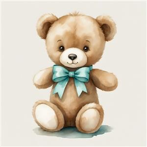 خرس عروسکی کلاسیک با پاپیون آبی طرح آبرنگی ملایم برای چاپ روی سیسمونی، پرده نوزاد و پوستر دیواری اتاق خواب
