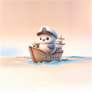 پرنده کوچک ملوان سوار بر کشتی چوبی در دریا طرح فانتزی برای پوستر دیواری سرویس بهداشتی و حمام یا مهدکودک