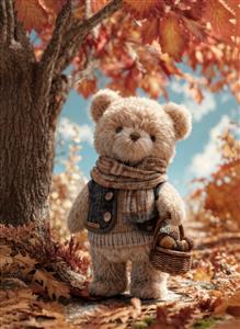 خرس تدی مهربان در جنگل پاییزی با سبد بلوط طرح سه بعدی برای پوستر دیواری پذیرایی و چاپ روی روتختی کودک