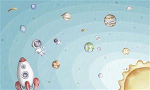 منظومه شمسی و فضانورد کوچک در فضا طرح نقاشی برای پوستر دیواری سقف، کاغذ دیواری اتاق پسرانه و پرده چاپ شده