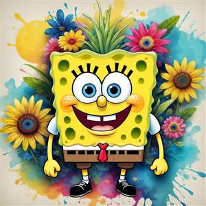 باب اسفنجی شاد در میان گل‌های رنگارنگ آبرنگی مناسب پوستر دیواری فانتزی و تابلو دکوراتیو اتاق کودک