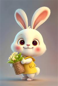 خرگوش سفید بامزه با سبد گل طرح کارتونی برای پوستر دیواری مهدکودک، سرویس خواب نوزاد و چاپ روی پرده