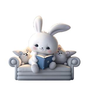 عروسک خرگوش سفید در حال خواندن کتاب روی مبل برای چاپ روی کاغذ دیواری مهدکودک و جلد کتاب داستان