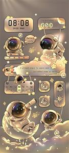 پس‌زمینه موبایل فانتزی با المان‌های فضانورد، ماه و ستاره‌های طلایی مناسب چاپ روی دفترچه و قاب گوشی