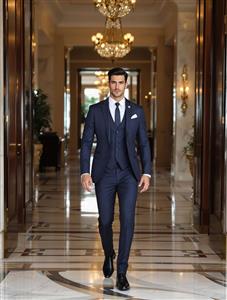 تصویر باکیفیت مرد خوش‌پوش با کت و شلوار سرمه‌ای در لابی هتل مناسب پوستر دیواری پشت میز مدیریت