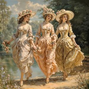 پوستر دیواری سه بعدی سه زن با لباس‌های پرنسسی کلاسیک در کنار دریاچه برای دکوراسیون تالار و اتاق بانوان