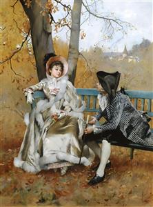 تابلو نقاشی رنگ روغن زوج اشرافی در باغ پاییز ویژه چاپ پوستر دیواری کلاسیک پذیرایی و عمارت‌های لوکس