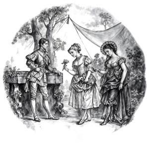 نقاشی کلاسیک سیاه و سفید از ملاقات عاشقانه در طبیعت مناسب پوستر دیواری لابی هتل و تابلوی دکوراتیو کافه