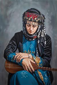 نقاشی زن کرد با ساز تنبور و لباس محلی رنگارنگ جهت دکوراسیون آموزشگاه موسیقی و رستوران‌های سنتی ایرانی