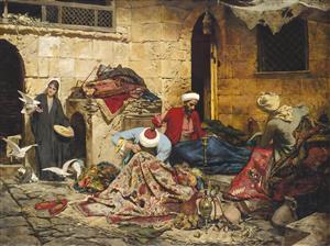 طرح هنری بازار سنتی شرقی و کبوترها برای پوستر دیواری سالن پذیرایی و قهوه‌خانه‌های با تم تاریخی