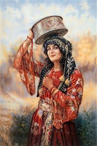 پوستر دیواری طرح نقاشی زن عشایر با لباس محلی گلدار و مجمعه مسی برای دکوراسیون رستوران سنتی و سفره‌خانه