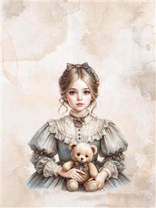 نقاشی آبرنگی دختر کوچک و خرس تدی برای پوستر دیواری اتاق نوزاد، چاپ روی ماگ و جلد کتاب داستان کودک