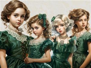 طرح هنری دختران اشرافی با لباس‌های سبز زمردی برای چاپ روی کوسن، آباژور و پوستر دیواری کلاسیک اتاق دخترانه