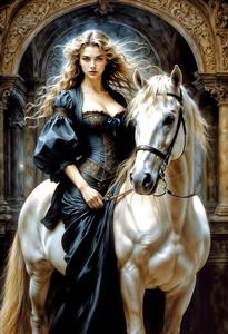 تابلو دکوراتیو اسب سفید و زن با لباس پرنسسی کلاسیک ویژه تالارهای پذیرایی، عمارت‌ها و اتاق خواب بزرگسال