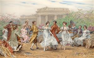 طرح نقاشی رقص و پایکوبی اشراف در باغ عمارت باشکوه مناسب برای پوستر دیواری تالار پذیرایی و سالن رقص