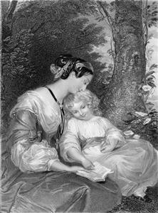 نقاشی سیاه و سفید مادر و کودک در حال خواندن کتاب در طبیعت مناسب برای پوستر دیواری اتاق کودک و مهدکودک