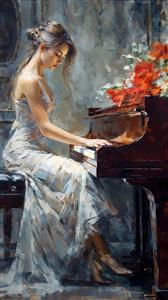 تابلو نقاشی مدرن زن در حال نواختن پیانو با لباس شب حریر و گلهای قرمز ویژه پوستر دیواری اتاق موسیقی و لابی
